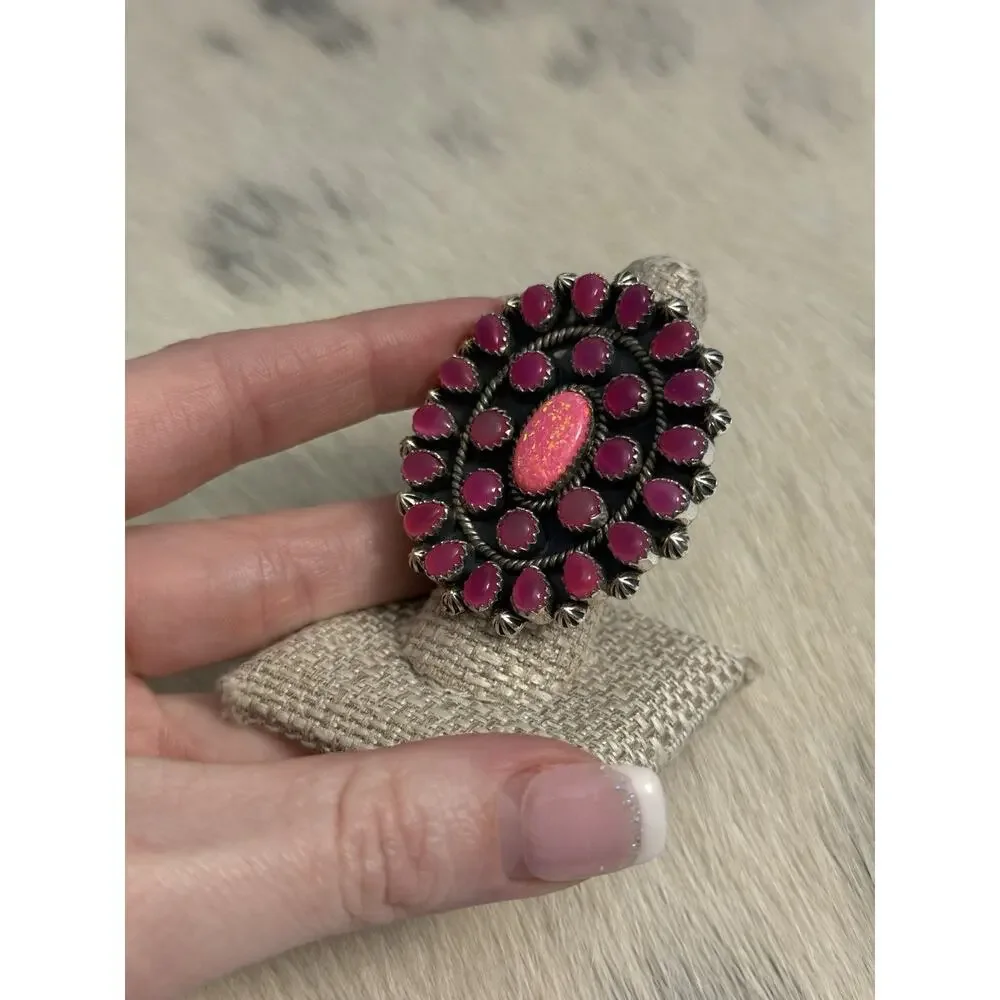 HUGE Sterling Silver Pink Onyx & Pink Fire Opal Flower Cluster Ring 925 Adjust